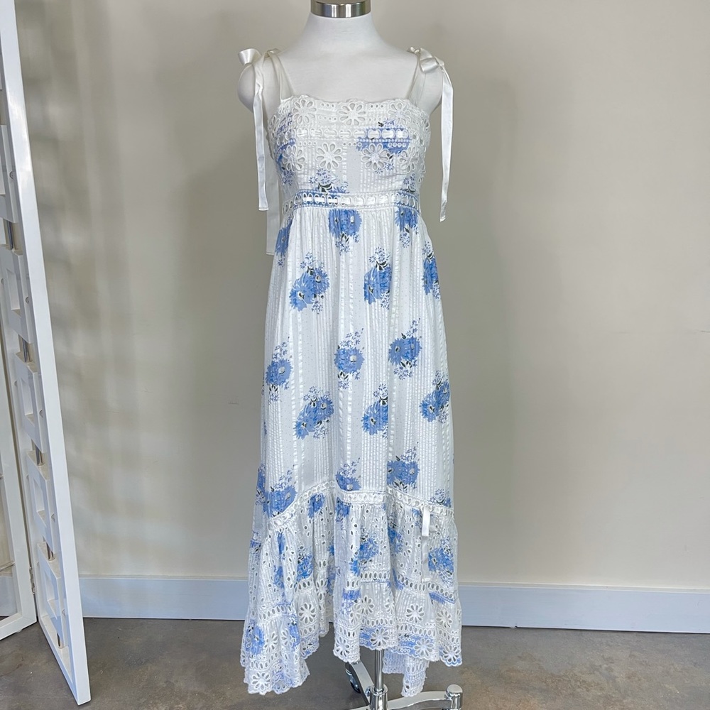 LoveShackFancy White and Blue Floral Eyelet Maxi Dress